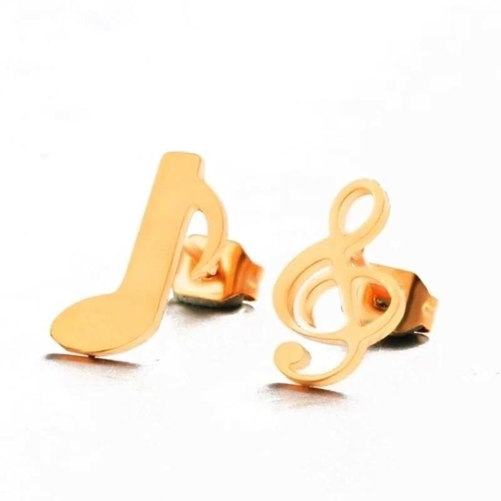 Music Note Earrings Treble Clef Studs Gold‎ Tone Stainless Steel Jewelry